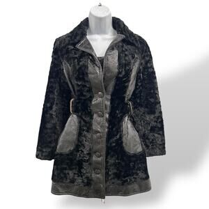 960s Lilli Ann Black Faux Fur Coat with Faux Leather Trim – Medium